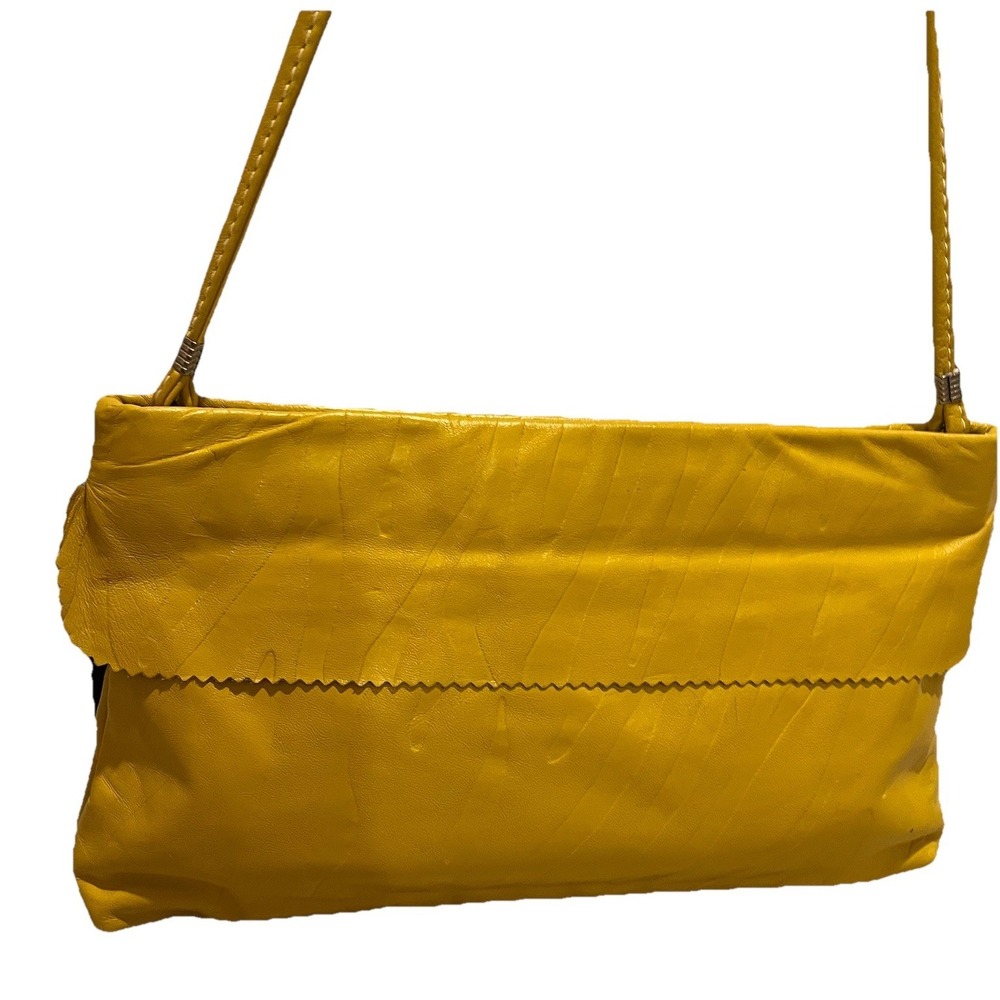 Vtg 80's Leather Shoulder Bag Clutch Hinged Yellow Black Tassel Party Club Retro - Picture 6 of 9